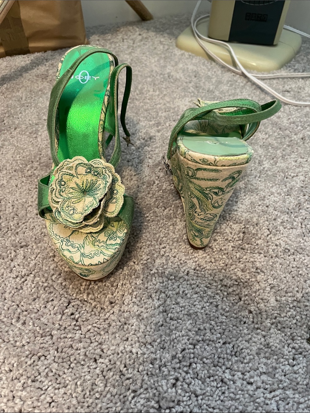 Green Floral Platform Wedge Heels with Flower Accent